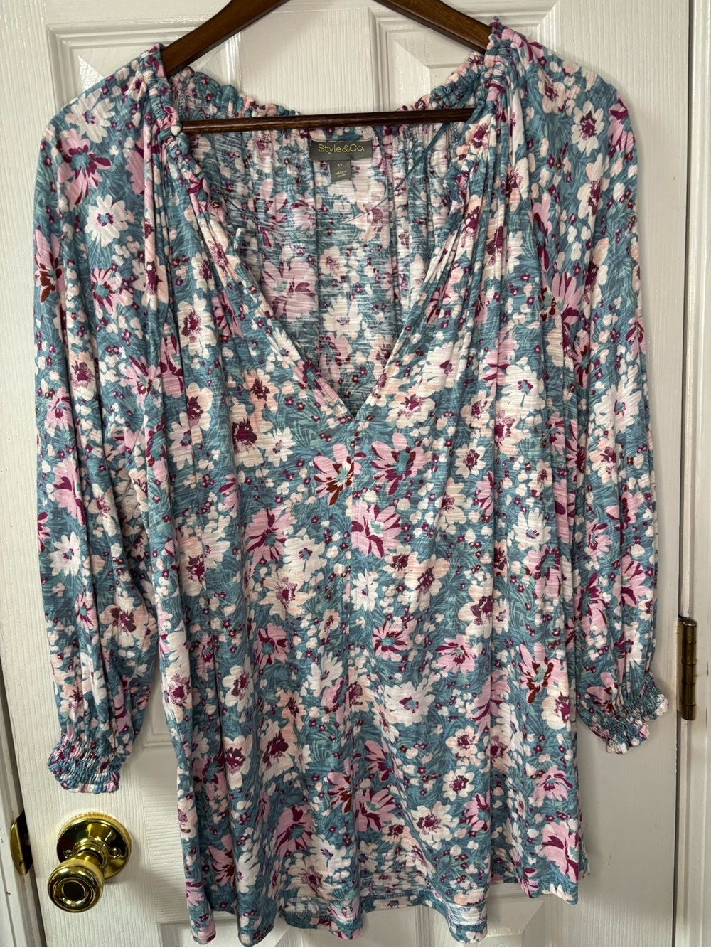 Style & Co. Floral V-Neck Tunic Top - Teal, Pink & White